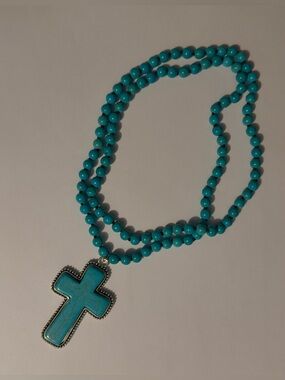 Long Stone Beads Cross Pendant Necklace Boho Bohemian Sweater Necklace Natural